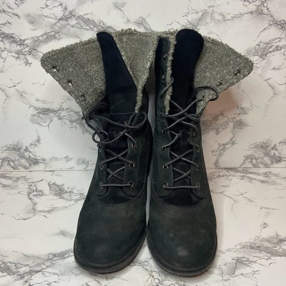 Timberland Amston Roll-Top Boot Women Size 9 Black Suede Shoe Earthkeepers Wedge - Picture 2 of 9